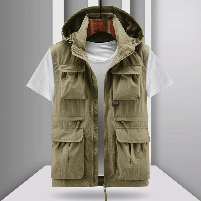Lightweight men's vest with hood and multiple pockets, casual style, SF1786, perfect for outdoor adventures and versatile wear.